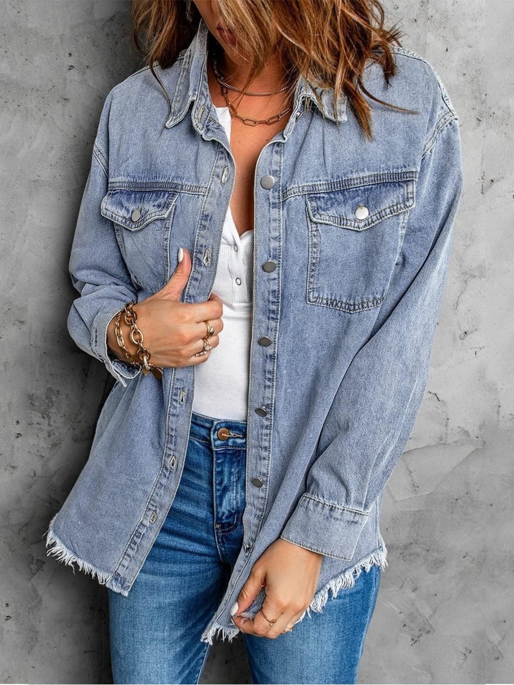 zeagoo Oversized Light Blue Washed Denim Jacket with Frayed Hem